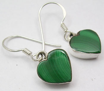Malachite Solid Silver Heart Drop Earrings at 'r a f t clothing'