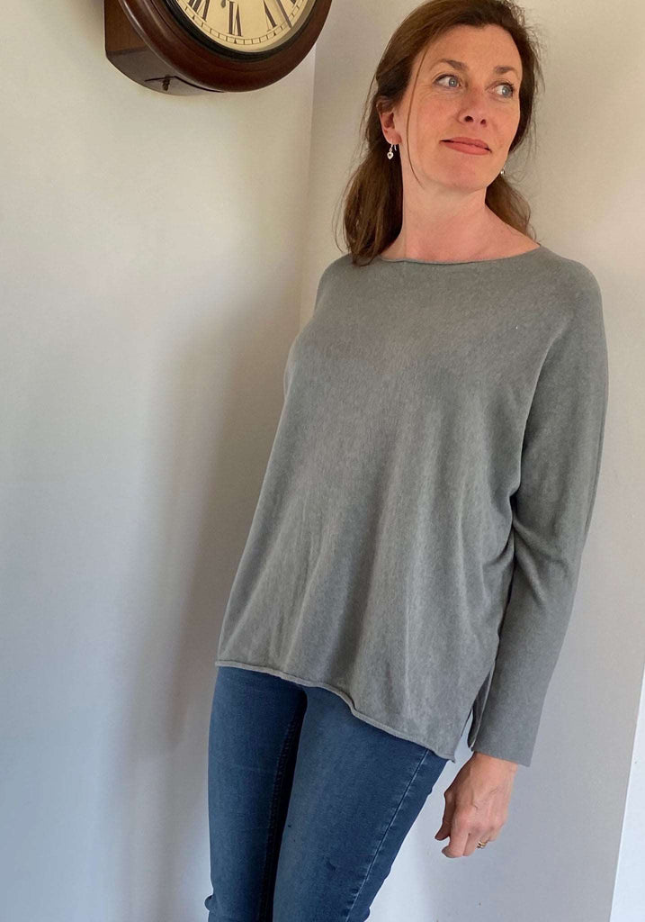 Cashmere Mix Round Neck Knit in Black & Shades of Grey